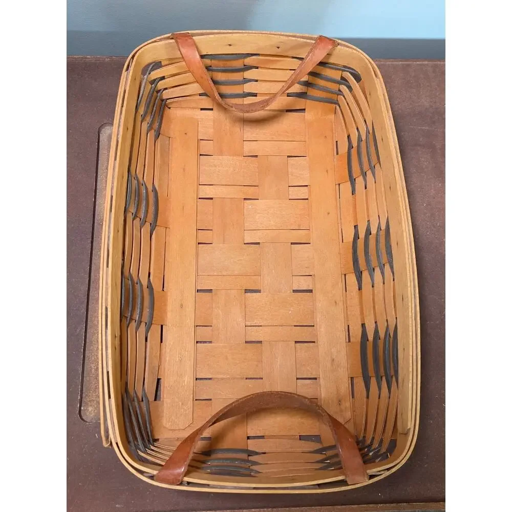 Vintage 1999 Longaberger Rectangle Basket Green Heritage Fabric Liner & Handles